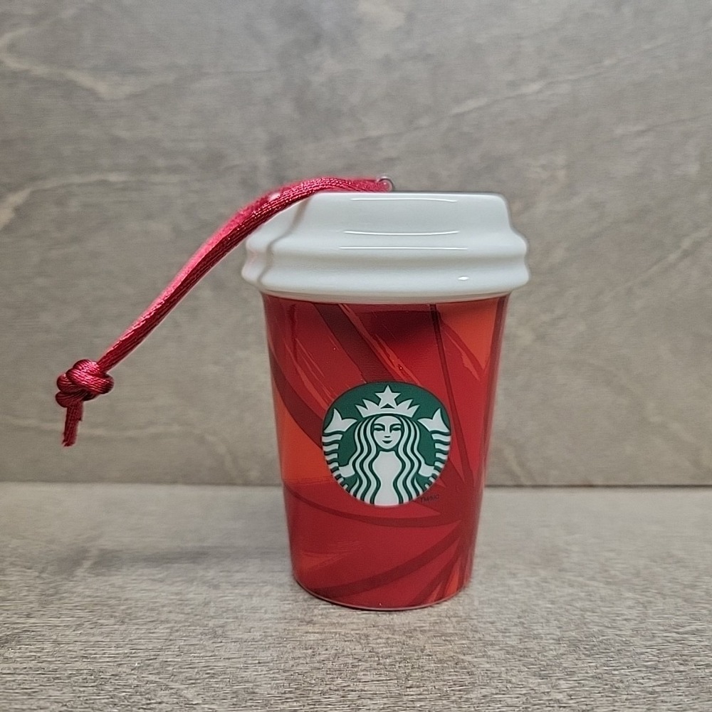 Starbucks Holiday 2014 Ceramic Ornament Travel Coffee Cup Shaped Red White